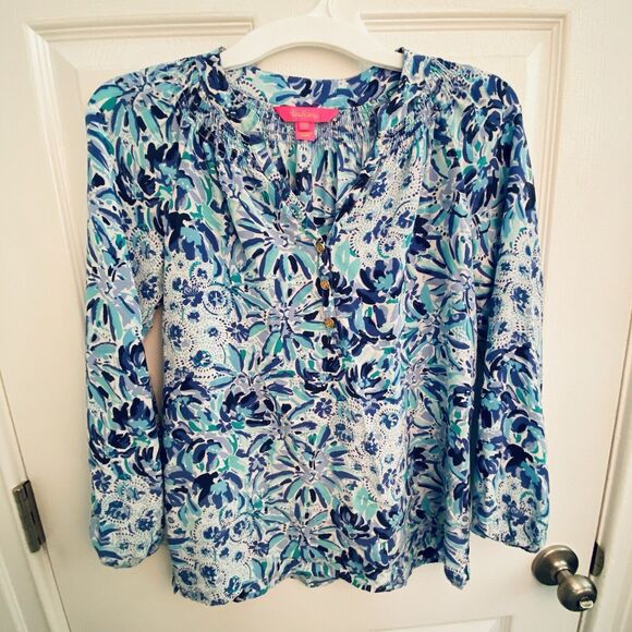 Lilly Pulitzer Elsa Top Size XXS Iris Blue Silk Long Sleeve Blouse Tropical - Picture 1 of 4